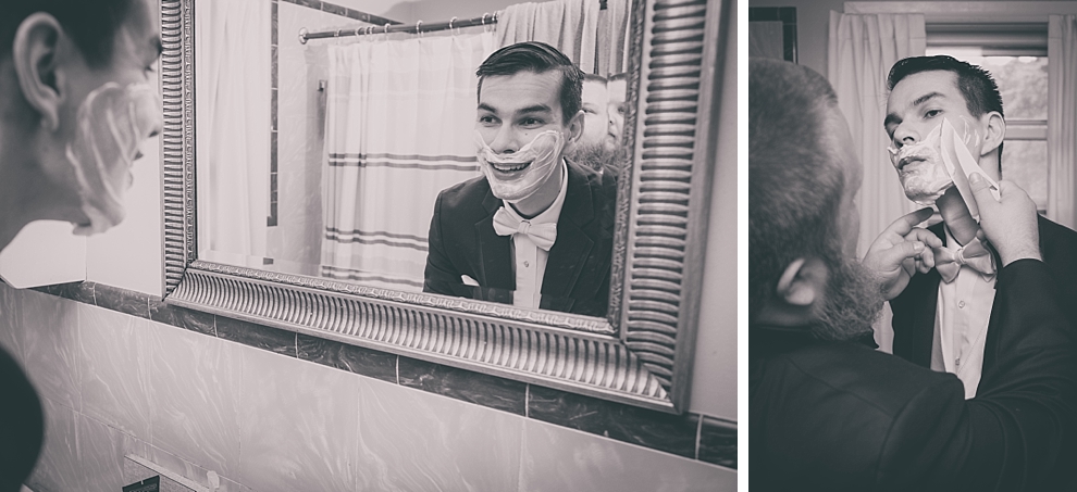 funny photos of groom shaving with knife before garden wedding ceremony at Samuel's Grande Manor near Buffalo, NY