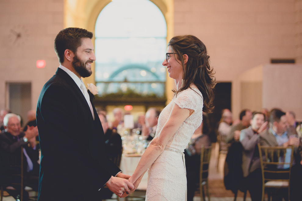 bride and groom dance during speech at ballroom wedding reception venue, the Admiral Room, in Buffalo, NY