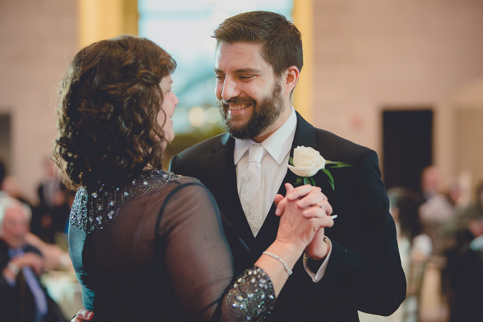 mother and son dance during speech at ballroom wedding reception venue, the Admiral Room, in Buffalo, NY