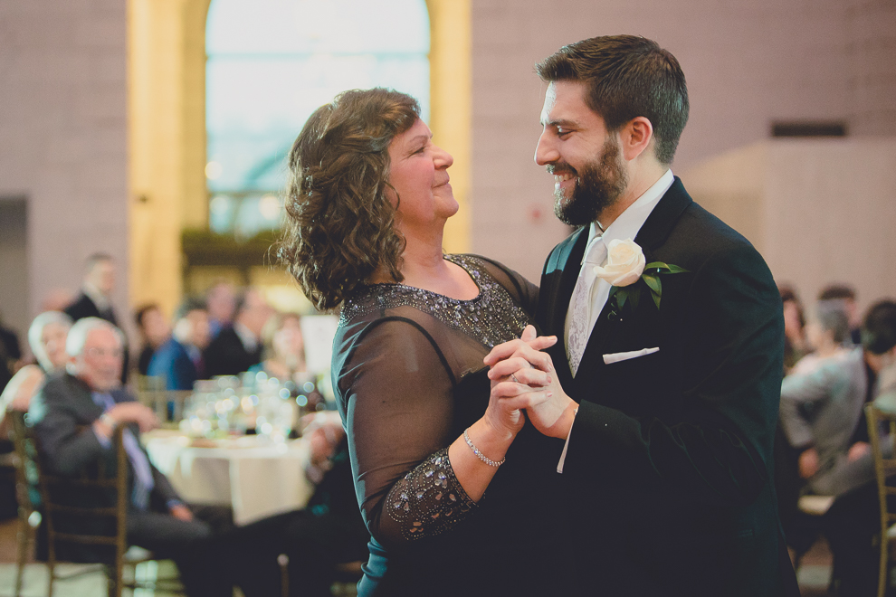 mother and son dance during speech at ballroom wedding reception venue, the Admiral Room, in Buffalo, NY
