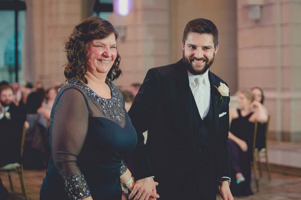 mother and son dance during speech at ballroom wedding reception venue, the Admiral Room, in Buffalo, NY