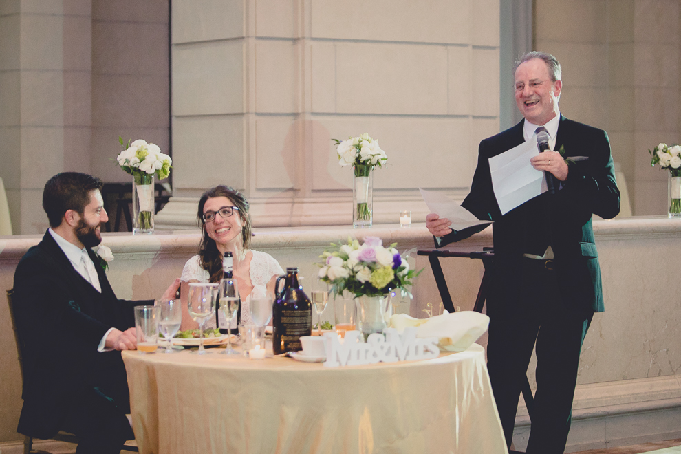 father of bride delivers speech at ballroom wedding reception venue, the Admiral Room, in Buffalo, NY