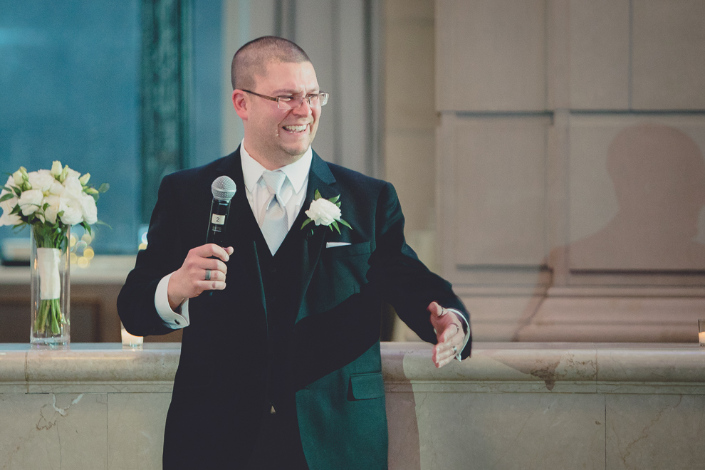 best man delivers speech at ballroom wedding reception venue, the Admiral Room, in Buffalo, NY
