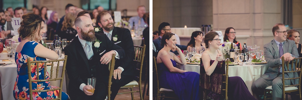guests laugh during speech at ballroom wedding reception venue, the Admiral Room, in Buffalo, NY
