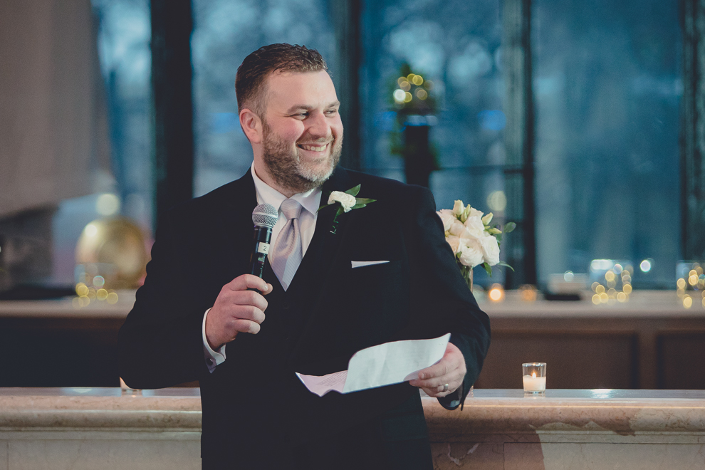 best man delivers speech at ballroom wedding reception venue, the Admiral Room, in Buffalo, NY