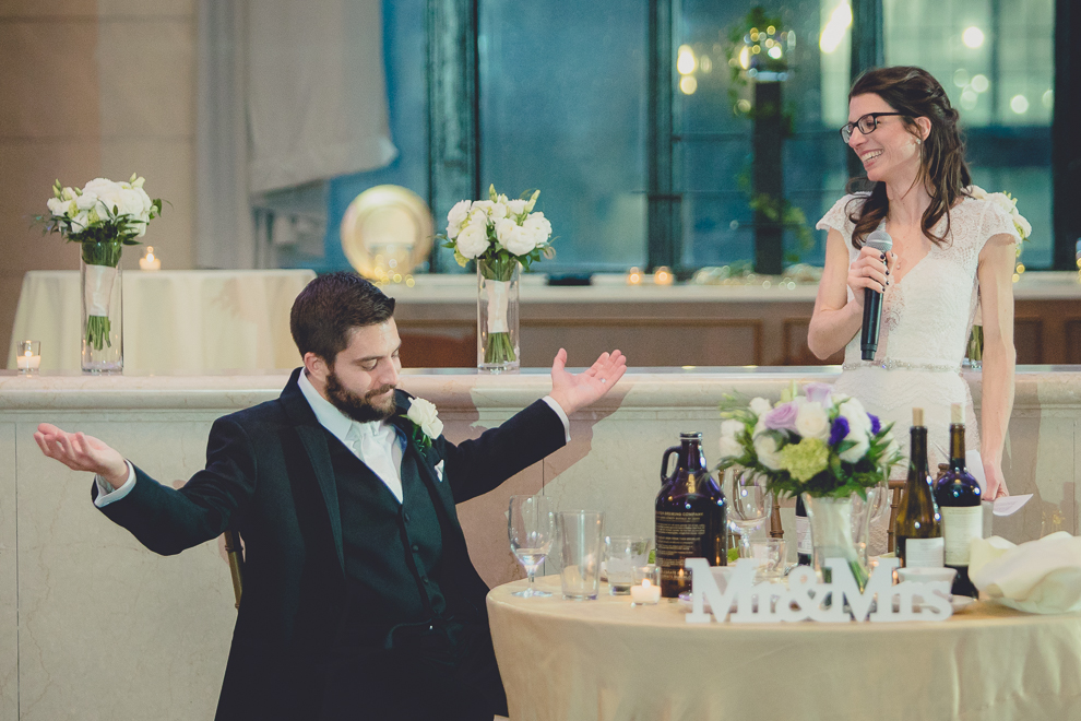 bride and groom toast at ballroom wedding reception venue, the Admiral Room, in Buffalo, NY