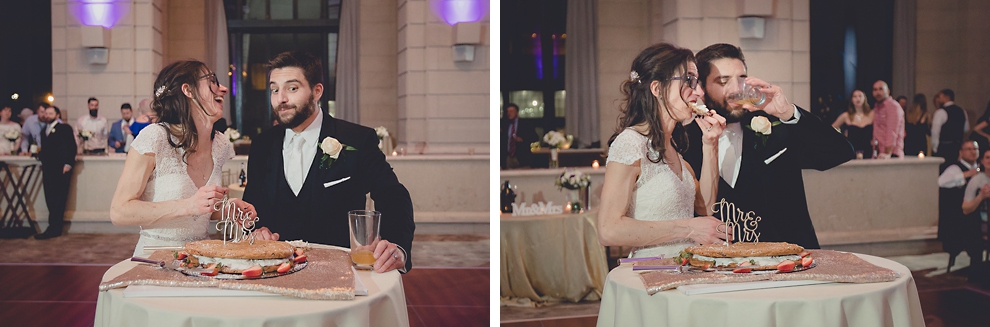 bride and groom eat giant ice cream cookie cake or "chipwhich" at ballroom wedding reception venue, the Admiral Room, in Buffalo, NY