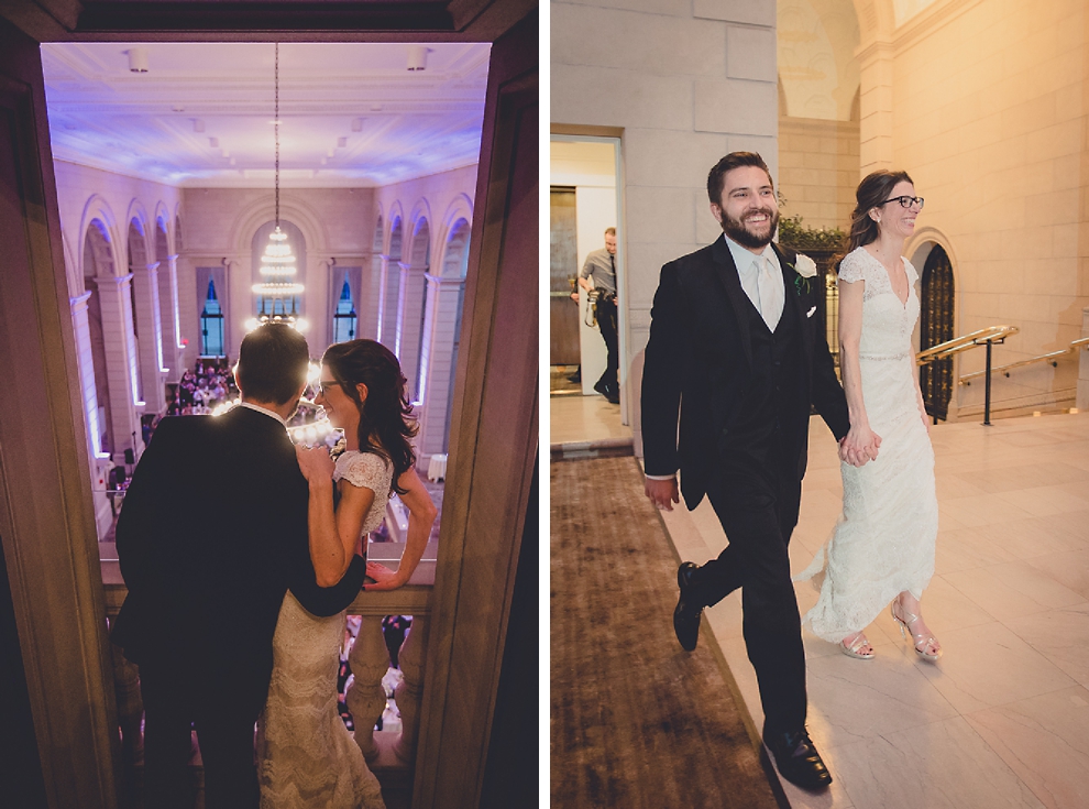 bride and groom dance are introduced on balcony at ballroom wedding reception venue, the Admiral Room, in Buffalo, NY