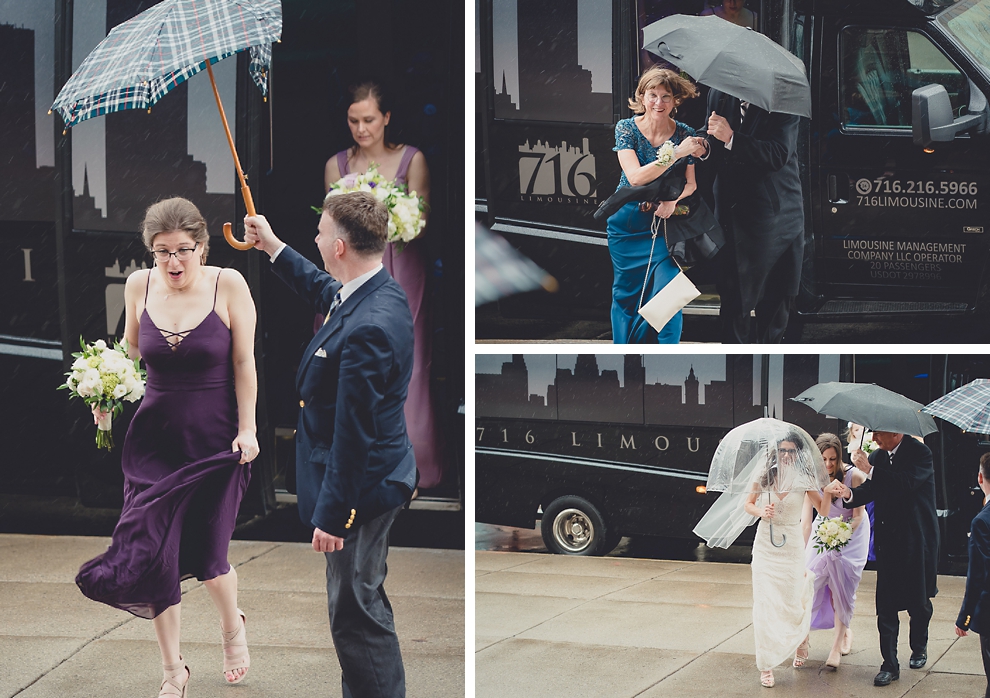 wedding party fights rain and wind to enter wedding ceremony at St. Louis Church in Buffalo, NY