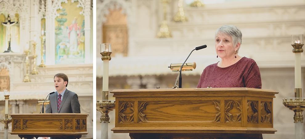 guests deliver readings during wedding ceremony at St. Louis Church in Buffalo, NY