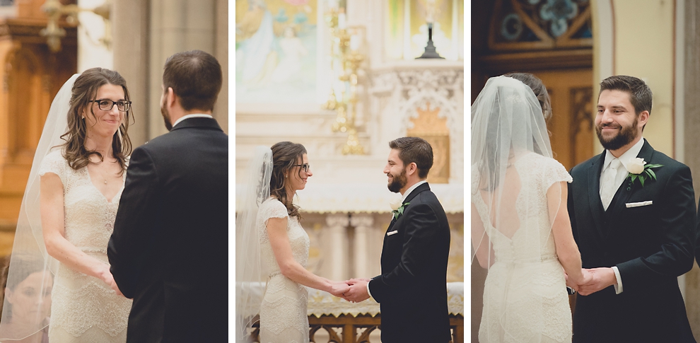 bride and groom exchange vows during wedding ceremony at St. Louis Church in Buffalo, NY