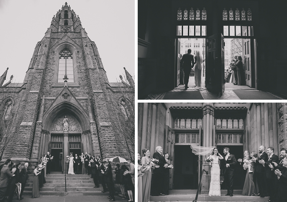 bride and groom exit to cheering guests outside wedding ceremony at St. Louis Church in Buffalo, NY