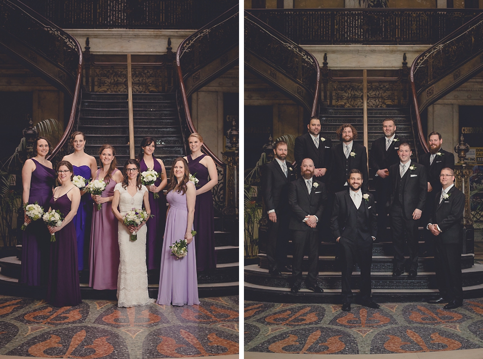 wedding party poses for portrait at Ellicott Square Building during wedding in Buffalo, NY