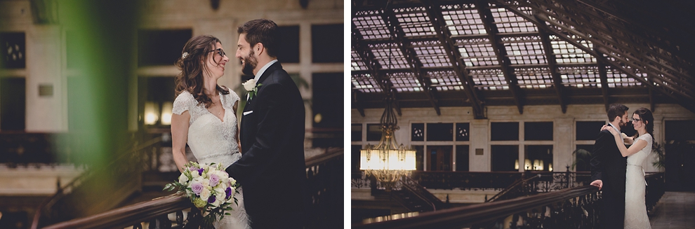 bride and groom pose for portrait at Ellicott Square Building during wedding in Buffalo, NY