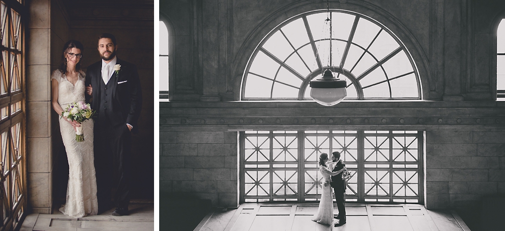 bride and groom pose for portrait at Ellicott Square Building during wedding in Buffalo, NY