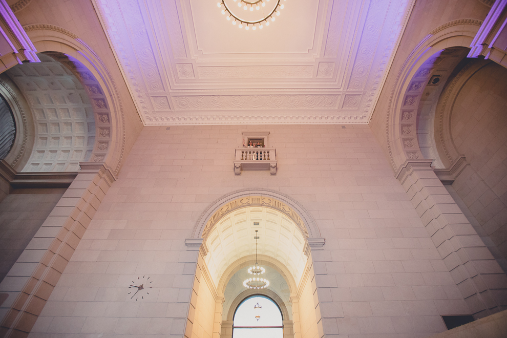 bride and groom dance are introduced on balcony at ballroom wedding reception venue, the Admiral Room, in Buffalo, NY