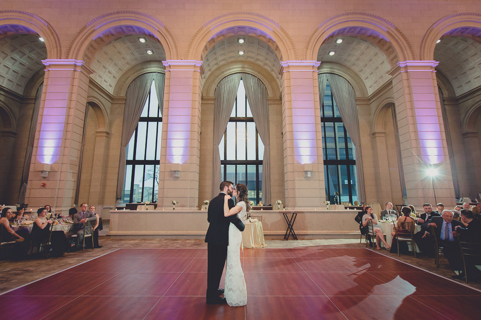 bride and groom dance during speech at ballroom wedding reception venue, the Admiral Room, in Buffalo, NY