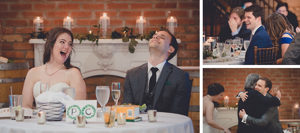 bride, groom and guests laugh during speech during wedding reception in Hotel Lafayette in Buffalo, NY