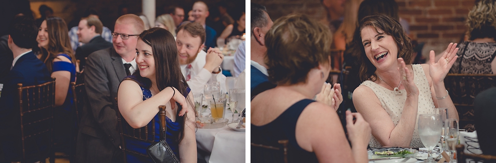 guests laugh and clap for speech during wedding reception in Hotel Lafayette in Buffalo, NY