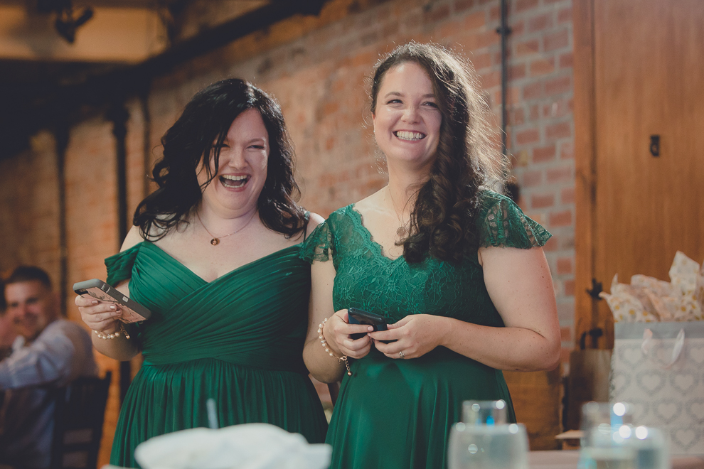 maid of honor delivers speech while laughing during wedding reception in Hotel Lafayette in Buffalo, NY
