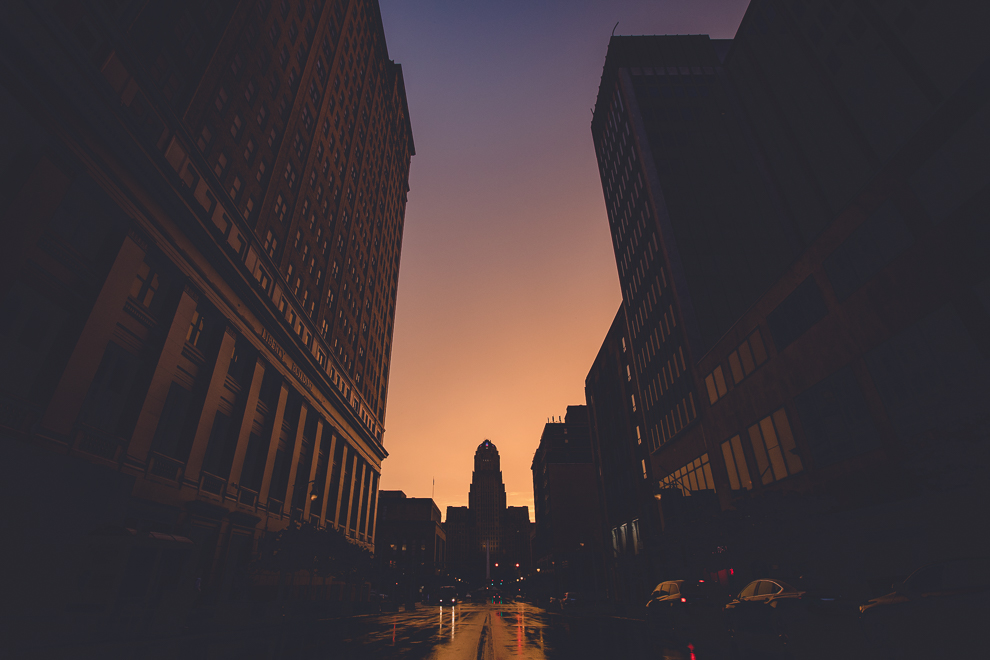 city hall at sunset, across from wedding reception in Hotel Lafayette in Buffalo, NY