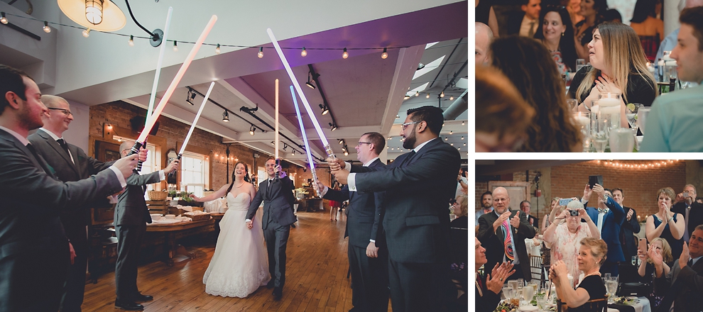 bride and groom are introduced to greenhouse room under light sabres at wedding reception in Hotel Lafayette in Buffalo, NY