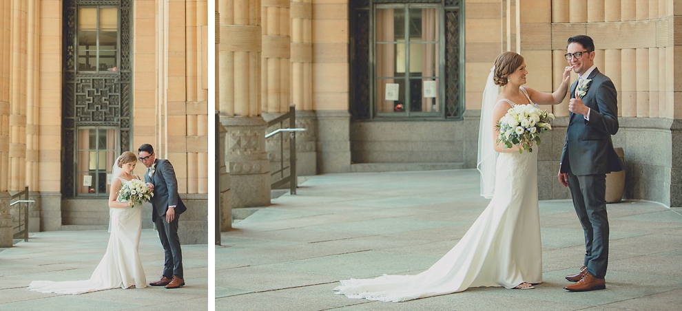 bride and groom have reveal or first look at City Hall before their Avanti Mansion wedding in Buffalo, NY