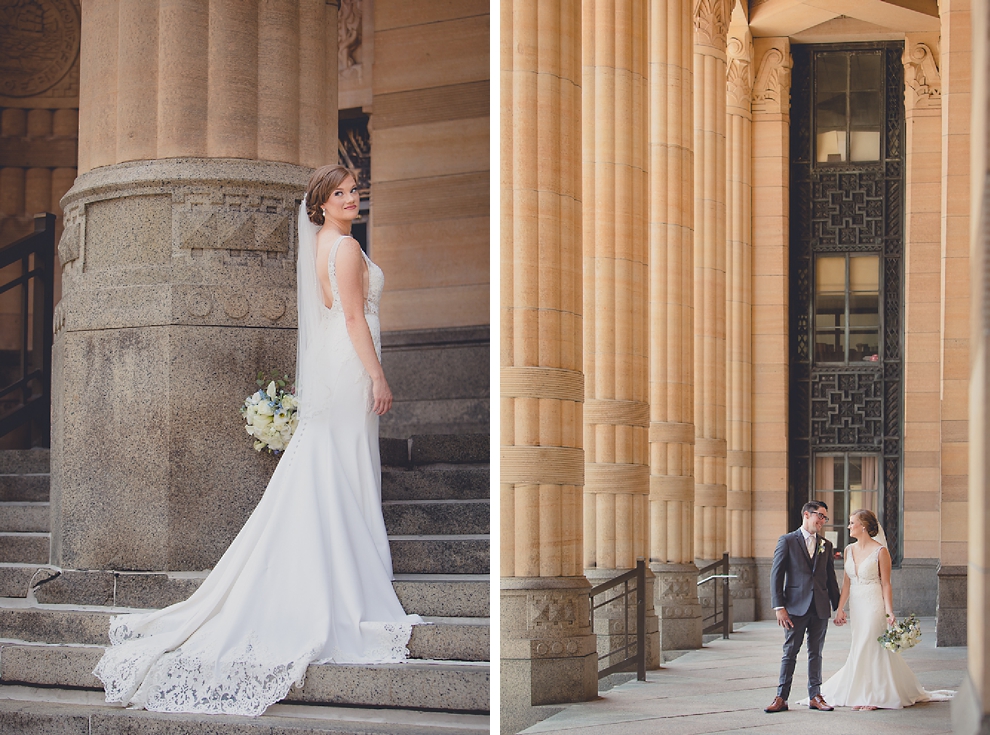 bride and groom pose for portraits at City Hall before their Avanti Mansion wedding in Buffalo, NY