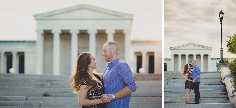 engaged couple stands in front of Albright Knox Art Gallery for engagement photography at hotel henry & delaware park in Buffalo, NY