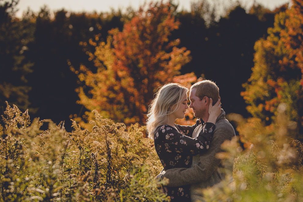 bride and groom embrace in field during wedding engagement photos among fall foliage at their property in Ellicottville, NY