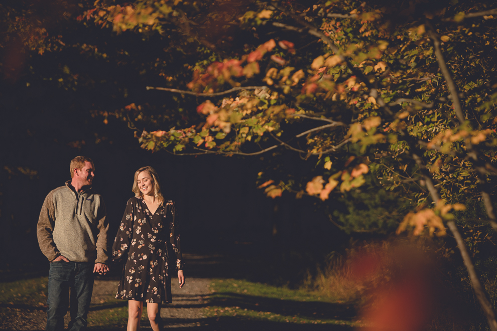 bride and groom walk while holding hands during wedding engagement photos among fall foliage at their property in Ellicottville, NY