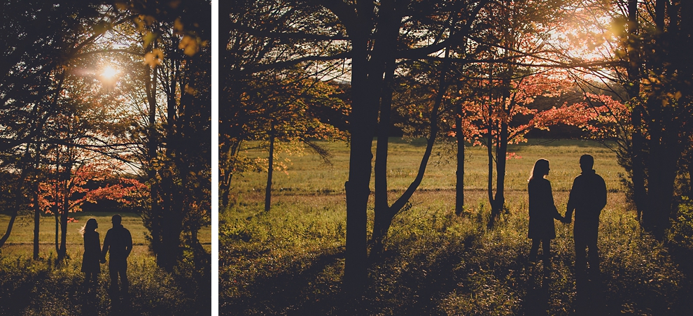 bride and groom stand in silhouette during wedding engagement photos among fall foliage at their property in Ellicottville, NY