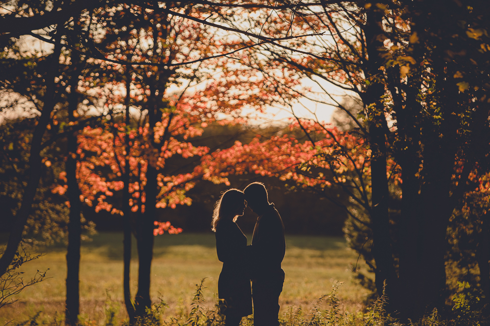 bride and groom stand in silhouette during wedding engagement photos among fall foliage at their property in Ellicottville, NY