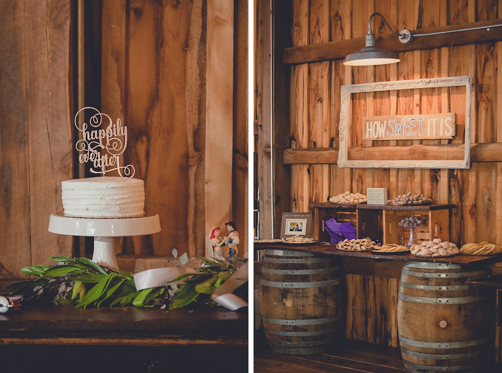 wedding reception cake and desserts in barn at a Hayloft in the Grove in East Aurora, near Buffalo, NY