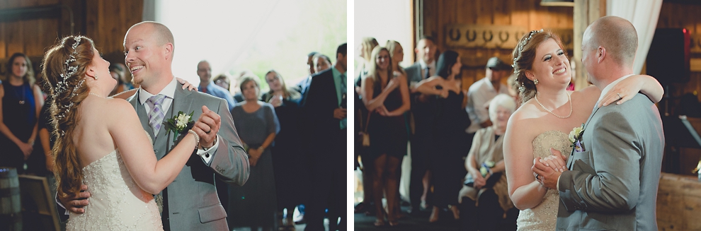 bride and groom dance at wedding reception in barn at a Hayloft in the Grove in East Aurora, near Buffalo, NY