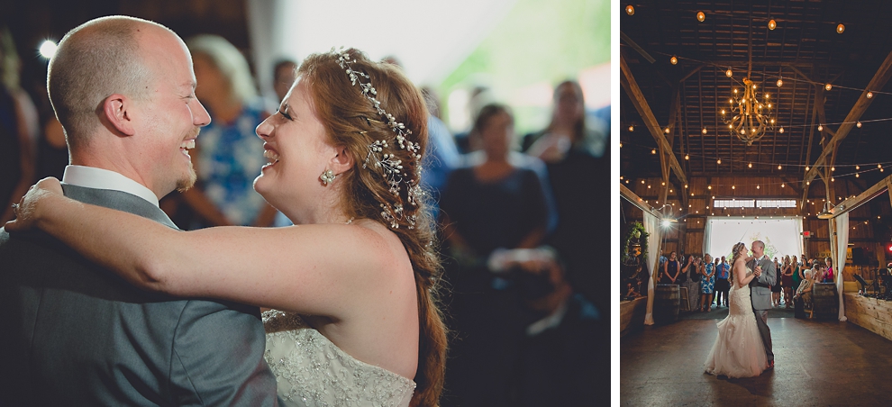 bride and groom dance at wedding reception in barn at a Hayloft in the Grove in East Aurora, near Buffalo, NY