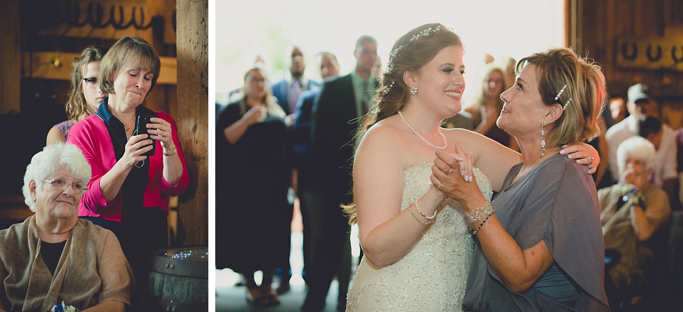 bride and mom dance at wedding reception in barn at a Hayloft in the Grove in East Aurora, near Buffalo, NY
