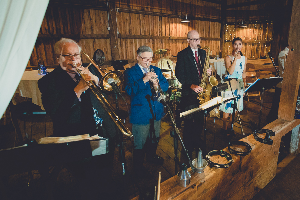 band plays at wedding reception in barn at a Hayloft in the Grove in East Aurora, near Buffalo, NY