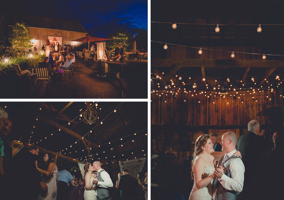 bride and groom dance at wedding reception in barn at a Hayloft in the Grove in East Aurora, near Buffalo, NY