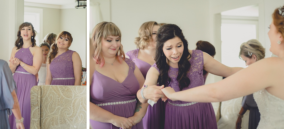 bridesmaids seeing bride dressed for first time in cottage at a Hayloft in the Grove wedding in East Aurora, near Buffalo, NY