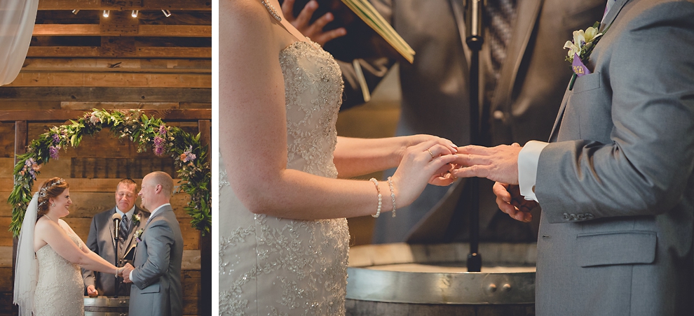 bride and groom exchange rings at wedding ceremony in converted stables at a Hayloft in the Grove in East Aurora, near Buffalo, NY