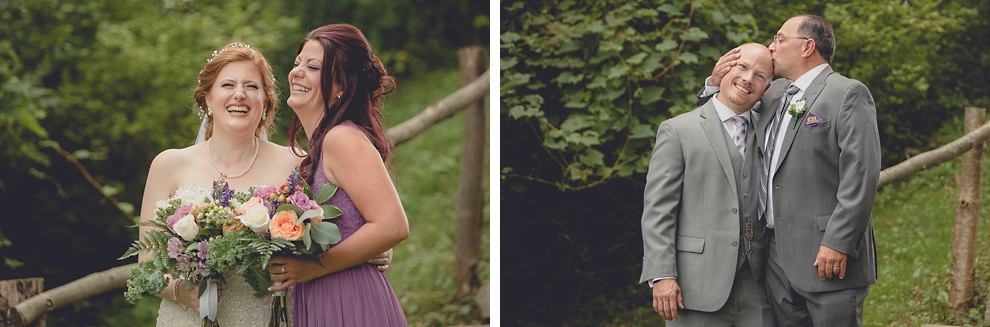 wedding party poses for portraits at sunken pond at a Hayloft in the Grove in East Aurora, near Buffalo, NY