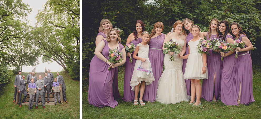 wedding party poses for portraits at sunken pond at a Hayloft in the Grove in East Aurora, near Buffalo, NY