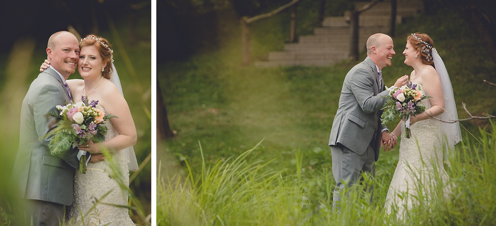 bride and groom pose for portraits at sunken pond at a Hayloft in the Grove in East Aurora, near Buffalo, NY