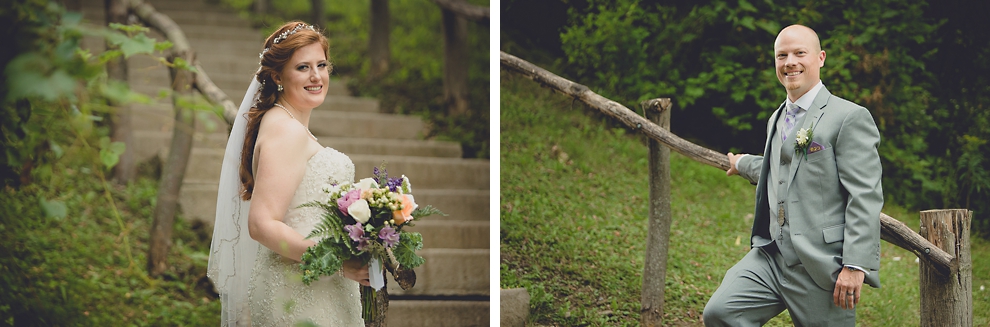 bride and groom pose for portraits at sunken pond at a Hayloft in the Grove in East Aurora, near Buffalo, NY