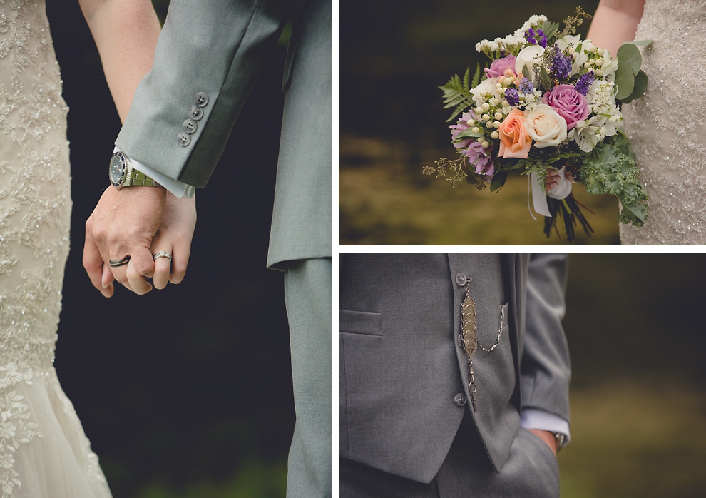 bride and groom pose for portraits at sunken pond at a Hayloft in the Grove in East Aurora, near Buffalo, NY