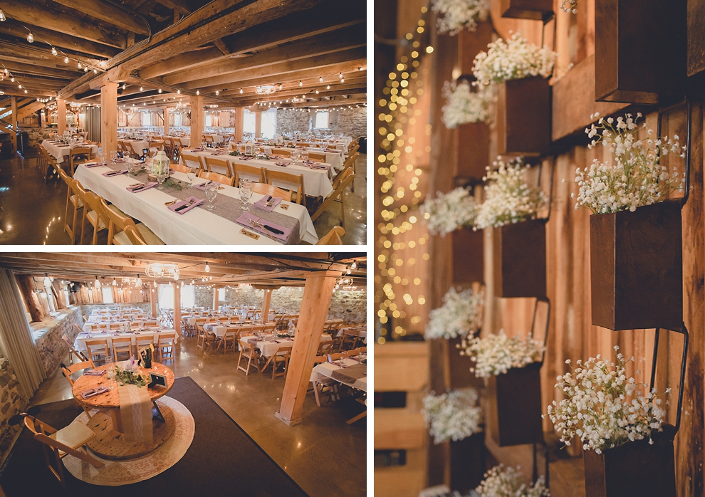 wedding reception decor in barn at a Hayloft in the Grove in East Aurora, near Buffalo, NY