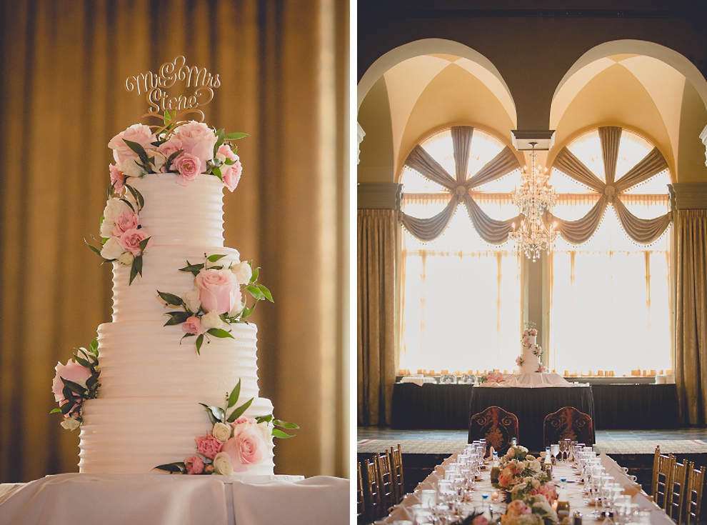cake and place settings in Terrace Room at the Statler City wedding reception venue in Buffalo, NY
