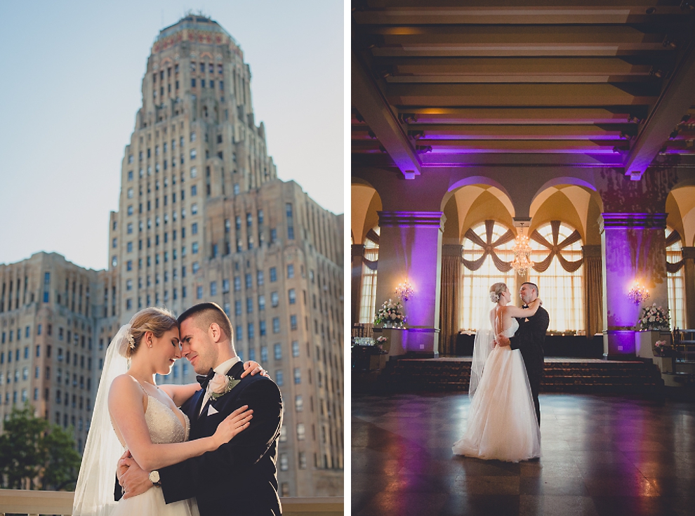 bride and groom pose for portrait with photographer on balcony in Terrace Room at the Statler City wedding reception venue in Buffalo, NY