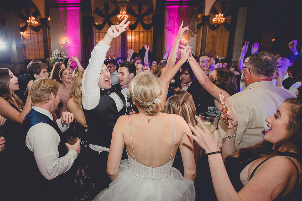 guests dance in Terrace Room at the Statler City wedding reception venue in Buffalo, NY